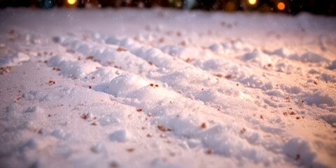 Poster - A close-up view snow-covered ground, with tire tracks and small rocks scattered throughout the scene, captured at night with a soft, blurred background