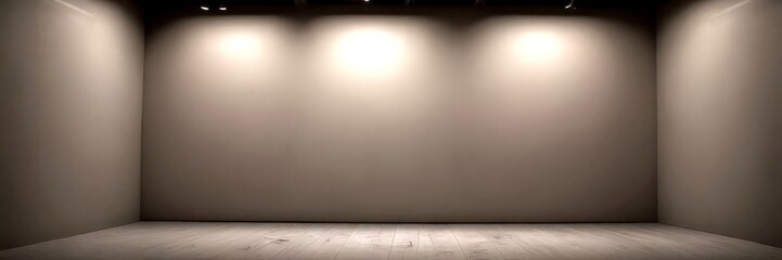 Poster - A dimly lit, empty room with a wooden floor and three evenly spaced recessed lighting fixtures on the ceiling