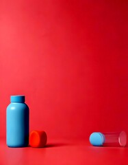 Poster - A blue bottle, an orange ball, and a clear glass are arranged on a pink background, with the bottle positioned on the left, the ball in the center, and the glass on the right