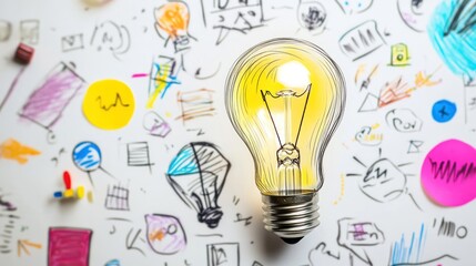 A light bulb hanging above a white board covered with colourful doodles.