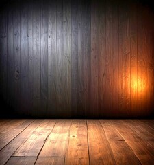 Poster - A dark wooden wall with vertical planks and a light-colored wooden floor in the foreground