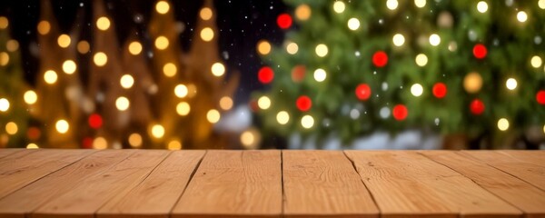 Poster - A wooden table sits in the foreground, with a blurred Christmas tree and twinkling lights in the background