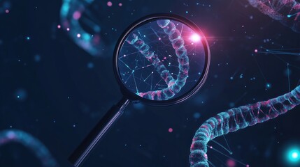 Sticker - magnifying glass revealing a glowing dna helix made of particles.