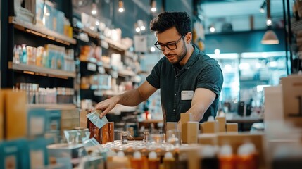 A salesman arranging a display in a retail store with neatly organized products and promotional materials