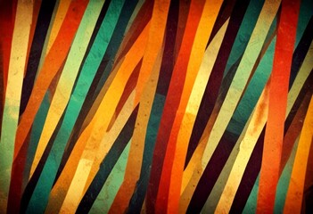 Poster - a vibrant abstract pattern composed of intersecting diagonal lines in various colors, including red, orange, yellow, green, blue, and brown, creating a dynamic and