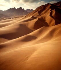 Poster - a vast desert landscape with undulating sand dunes stretching out towards distant mountains under a cloudy sky