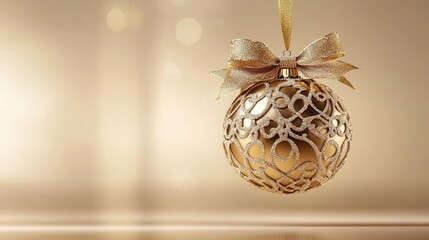 opulent golden christmas ornament with intricate ribbon work and an elaborate bow suspended against a minimalist backdrop exuding festive luxury and timeless elegance