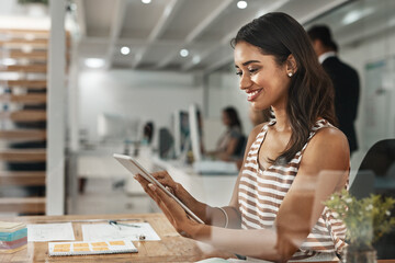 Poster - Woman, tablet and reading at night in office with inspiration, smile and editing story at global news company. Journalist, writer and person with touchscreen, article or newsletter at media agency