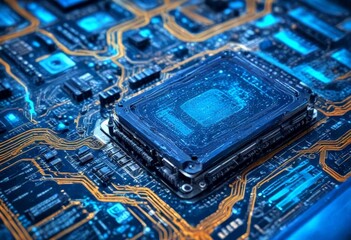 Fototapete - A close-up view computer chip, showcasing its intricate design and the complex network of electronic components that make up its inner workings
