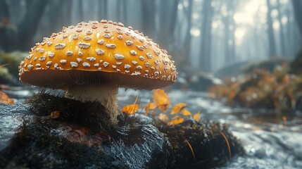 Poster - Close-Up of a Mushroom in a Forest Stream