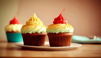 Poster - Two cupcakes with colorful frosting and sprinkles sit on a white plate, with a blurred background suggesting a bakery or cafe setting