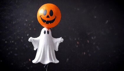 Aufkleber - A white ghost and an orange pumpkin-shaped balloon with a smiling face are floating against a dark background