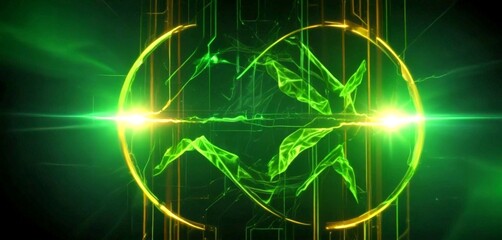 Fototapete - a digital art piece with a green and yellow color scheme, depicting a circular design with a wave-like pattern and a glowing, radiant effect