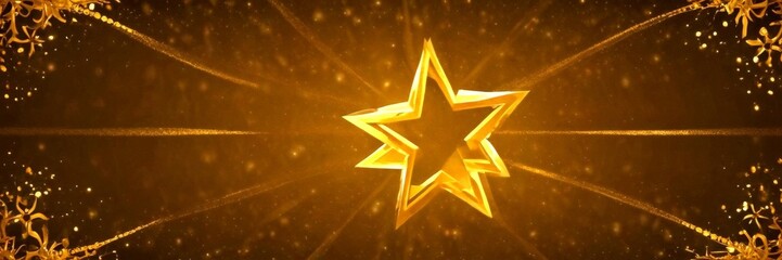 Aufkleber - A golden star-shaped object is centered against a dark background with a radiant golden glow and scattered golden particles