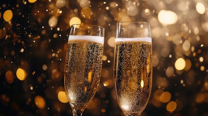 Wall Mural - opulent new years eve celebration gleaming champagne flutes clink against a backdrop of shimmering gold confetti and twinkling city lights creating an atmosphere of luxurious festivity