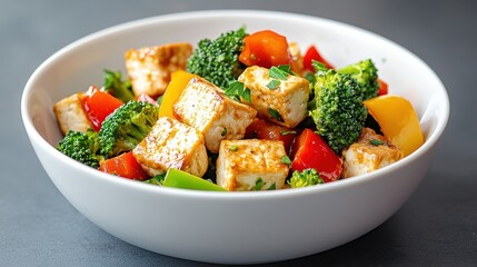 Wall Mural - Fresh Vegetable and Tofu Stir-Fry in a White Bowl