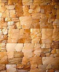 Fototapete - a close-up view textured wall composed of irregularly shaped stone blocks in various shades of brown, beige, and tan