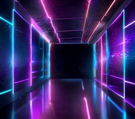 Poster - A long, dimly lit corridor with a reflective floor and walls adorned with vibrant neon lights in shades of purple and blue, creating a futuristic and immersive atmosphere