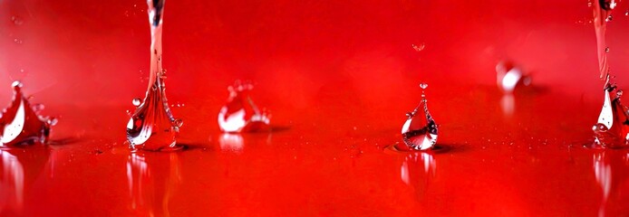 Aufkleber - Water droplets in motion, captured in a dynamic close-up shot against a vibrant red background