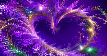 Fototapete - a vibrant, abstract digital artwork featuring a swirling pattern of purple, green, and gold hues, with small white dots scattered throughout
