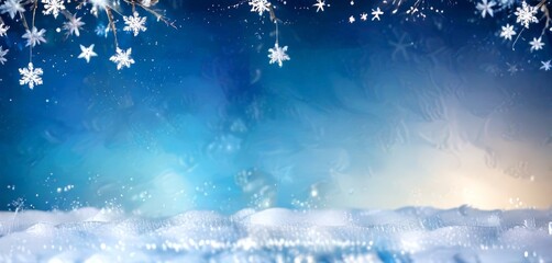 Poster - A serene winter scene with snowflakes falling against a blue-green gradient background, creating a dreamy atmosphere