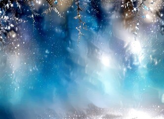 Aufkleber - a serene winter scene with snow-covered branches and a soft, blurred blue sky The branches are adorned with delicate snowflakes, creating a sense of tranquility and beauty