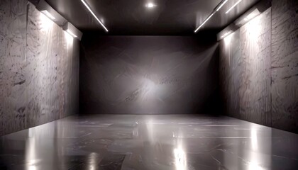 Aufkleber - A dimly lit, empty room with a concrete floor and walls, featuring a large, abstract painting on the wall and recessed lighting fixtures