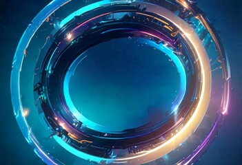 Aufkleber - a circular, futuristic design with a gradient of blue, purple, and orange colors, creating a sense of depth and movement