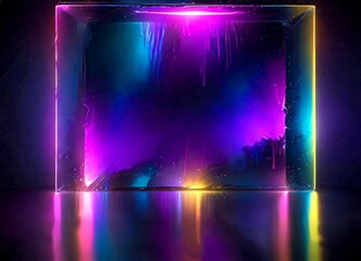 Poster - a square-shaped, reflective surface with a vibrant, abstract design in shades of purple, blue, and yellow The design appears to be a digital artwork or illustration, with