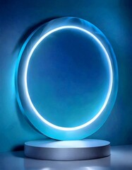 Leinwandbilder - A circular platform with a glowing blue ring encircling it, set against a blue background