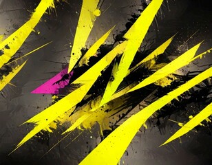 Poster - a striking abstract composition of intersecting yellow and black lines, with splatters of paint and a pink triangle adding a pop of color