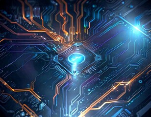 Fototapete - a complex circuit board with intricate lines and patterns, illuminated by a blue glow and featuring a central chip with a glowing symbol