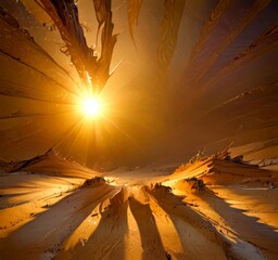 Poster - The sun sets over a desert landscape, casting a warm glow on the sand dunes and creating a dramatic, surreal atmosphere