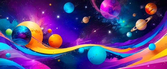 Leinwandbilder - a vibrant, cosmic scene featuring a variety of planets and celestial bodies, including a blue planet, orange planets, and a pink planet, set against a backdrop of
