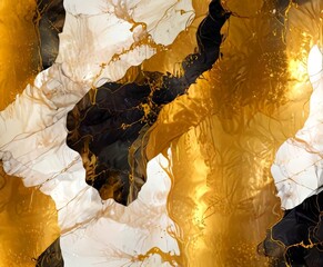 Aufkleber - an abstract composition of overlapping black and white marble-like textures, with splashes of gold and black paint, creating a dynamic and textured visual effect