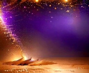 Poster - a vibrant, abstract scene with a gradient of purple and gold hues, featuring a central explosion of light and a textured, golden surface in the foreground