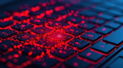 close up view of computer keyboard illuminated in red, showcasing dynamic and futuristic design. glowing keys create intense atmosphere, perfect for tech enthusiasts