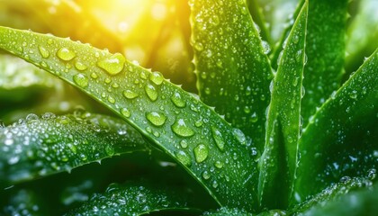 Wall Mural - Aloe vera leaves with water drops. close up. Nature background