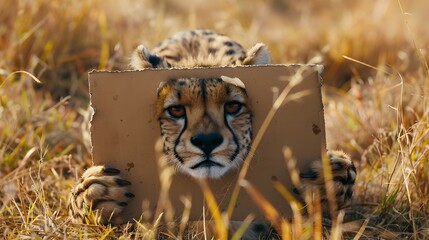 Cheetah Holding Blank Cardboard Sign in Grassy Field Intense Gaze Into the Distance