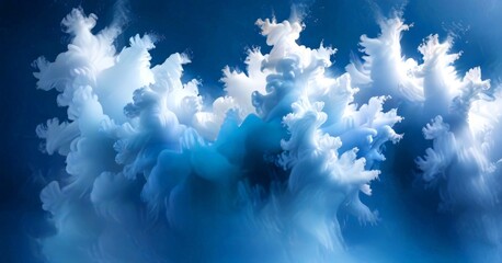 Poster - a captivating underwater scene, where a multitude of white, wispy clouds are suspended in a deep blue ocean The clouds, appearing to be in a state of constant motion, create