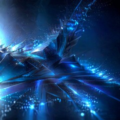 Poster - a digital artwork featuring a dark blue background with abstract shapes and patterns, including a ce