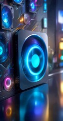 Poster - A futuristic computer cooling unit with a circular blue light at its center, surrounded by various other electronic components and glowing with a mix of blue, purple, and