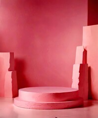 Poster - A pink podium stands against a pink background, with a white wall and pink blocks on either side