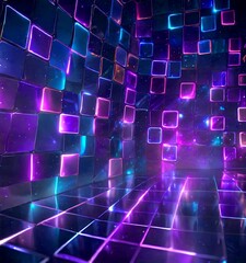 Poster - a digital room with a grid-like pattern of square tiles, each exhibiting a unique color and glow The tiles are arranged in a diagonal pattern, creating