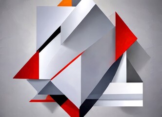 Poster - a geometric composition of overlapping triangles in various shades of gray, red, and white, creating a visually striking abstract design