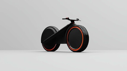 Futuristic electric bike with sleek design, black and orange colors, isolated on white background.