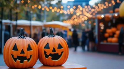 Sticker - Halloween decorations featuring pumpkins at a festive event in a vibrant public square