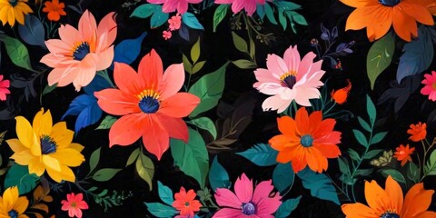 Poster - A vibrant, repeating pattern of pink, orange, and yellow flowers with green leaves against a black background