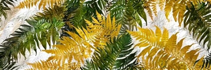 Aufkleber - a close-up view dense collection of fern leaves in various shades of green and yellow, arranged in a pattern that fills the frame