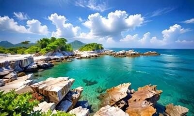 Leinwandbilder - A picturesque tropical beach scene with clear turquoise waters, rocky cliffs, lush greenery, and a clear blue sky with fluffy white clouds